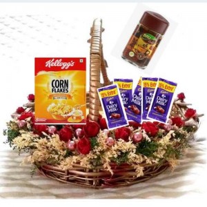 Artificial Flower Basket + Kellogg's Corn Flakes Real Honey 300g + Bru Coffee Gold Jar 100g + 4 Dairy Milk Chocolate - VLNTCOMB20192