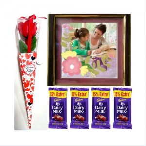  1 Artificial Rose + Frame 8 * 12 Inches + 4 Dairy Milk Chocolate - VLNTCOMB20191